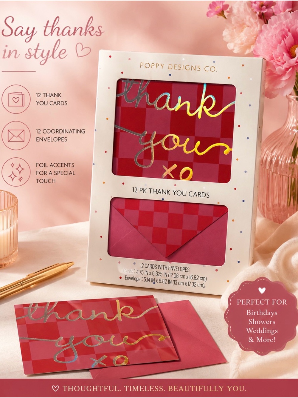Pink Foil 'Thank You' Card Set - 12 Pack